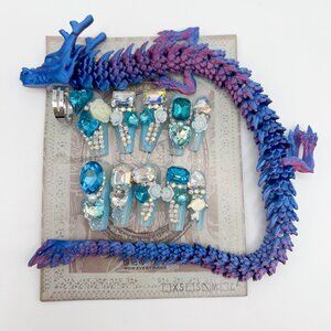 Luxury Dragon Ring Press-On Nails | Rhinestone 3D Flower | Long Coffin
